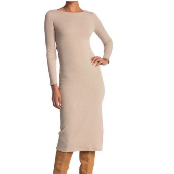 Astr Dresses & Skirts - ASTR Crossed Back Long Sleeve Ribbed Midi Dress Nude Large never worn w/ tags